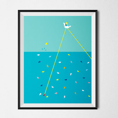 Girl and bird crossing the sea